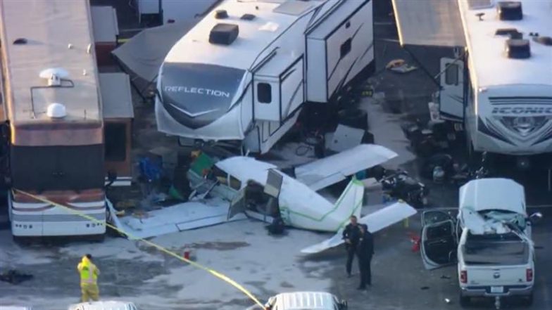 US Plane Crash: 4 Injured As Small Aircraft Crashes Near Pomona Dragstrip During NHRA Finals in California (Watch Videos)