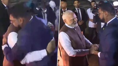 PM Narendra Modi Shares Warm Hug With Guyana President Mohamed Irfaan Ali, Receives Ceremonial Welcome and Guard of Honour in Georgetown (Watch Videos)