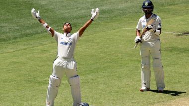 Yashasvi Jaiswal Smashes Six With A Ramp Shot To Complete His Century During IND vs AUS 1st Test 2024 (Watch Video)