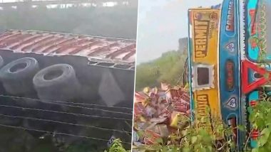 Lucknow-Agra Expressway Accident: Truck Overturns Near Patti Village, Driver Left Unattended While Locals Loot Oil Barrels (Watch Video)