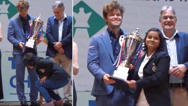 Magnus Carlsen Left Baffled After Promising Chess Player Bristy Mukherjee Touches His Feet While Receiving Trophy At Tata Steel Chess India Festival 2024 (Watch Video)