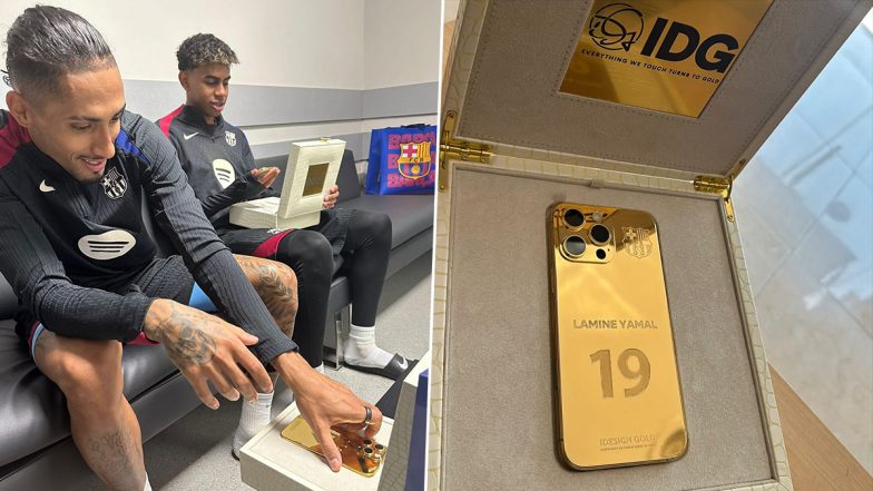 Raphinha Gifts Barcelona Teammate Lamine Yamal Gold iPhone After Young Sensation Wins Kopa Trophy at Ballon d'Or Ceremony 2024 (Watch Video) 