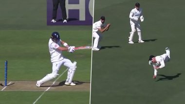 Glenn Phillips Takes Brilliant One-Handed Catch to Dismiss Ollie Pope on Tim Southee’s Bowling During New Zealand vs England 1st Test 2024 (Watch Video)