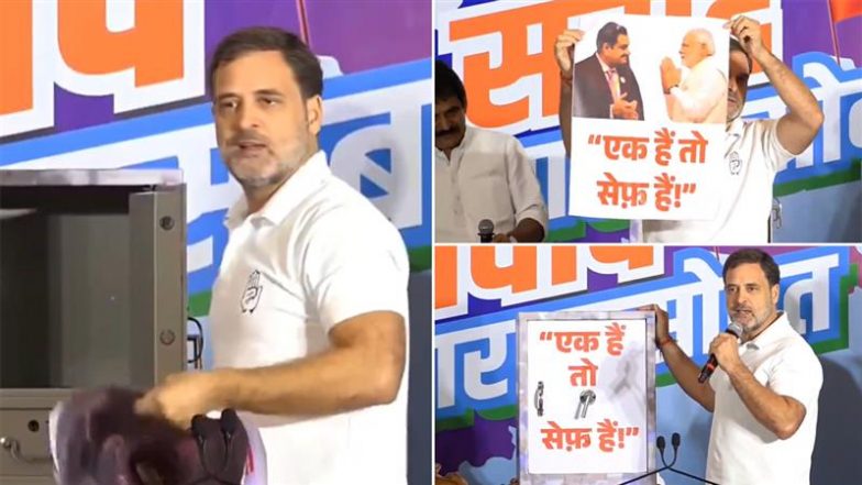 Rahul Gandhi Displays Safe Box With Poster of PM Narendra Modi and Gautam Adani, Explains ‘Real’ Meaning of BJP’s ‘Ek Hain Toh Safe Hain’ Slogan (Watch Videos)