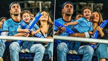 ISL 2024–25: Ranbir Kapoor, Alia Bhatt and Raha Kapoor’s Family Outing at Indian Super League, Baby Raha Looks Cute as a Button in Mumbai City FC Jersey (Watch Video & Pics)