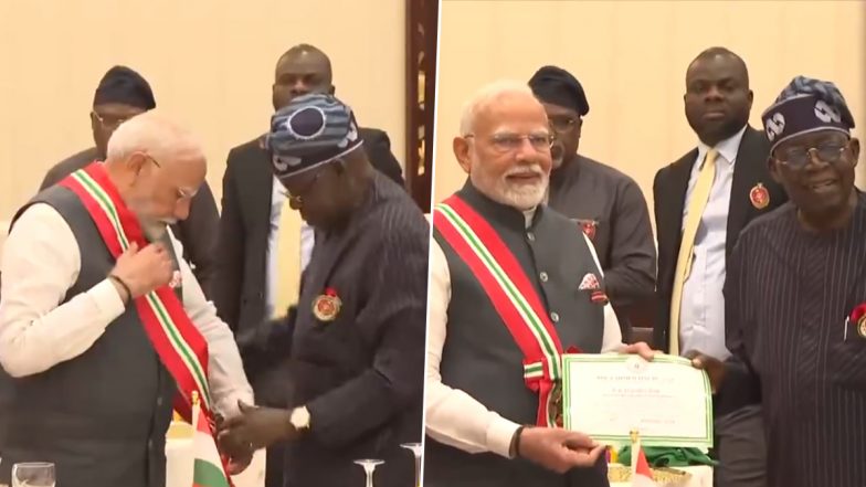 PM Narendra Modi Receives Nigeria's Prestigious GCON Award, Dedicates It to 140 Crore Indians (Watch Videos)