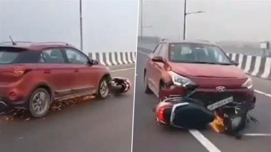 Lucknow: Car Rams 2 Riding Scooty in Uttar Pradesh, Drags Vehicle for Nearly 1 km; Driver Chandra Prakash Arrested After Video Goes Viral