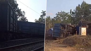 Chhattisgarh Train Derailment: Coal-Laden Goods Train Derails at Bhanwarrantank Station, Disrupting Bilaspur-Katni Rail Route (Watch Video)