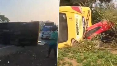 Telangana Road Accident: School Bus Overturns After Collision With Tractor in Nagarkurnool, 5 Students Injured (Watch Videos)