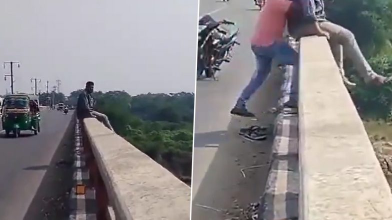 Suicide Attempt Caught on Camera in Telangana: Man Tries To Jump From Godavari River Bridge in Bhadrachalam, Terrifying Video Surfaces