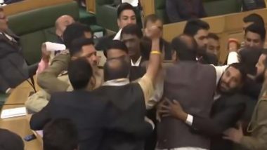 Jammu and Kashmir: Chaos in Assembly After BJP Leader Sunil Sharma Clashes With MLA Khurshid Ahmad Sheikh for Displaying Banner on Article 370 (Watch Video)