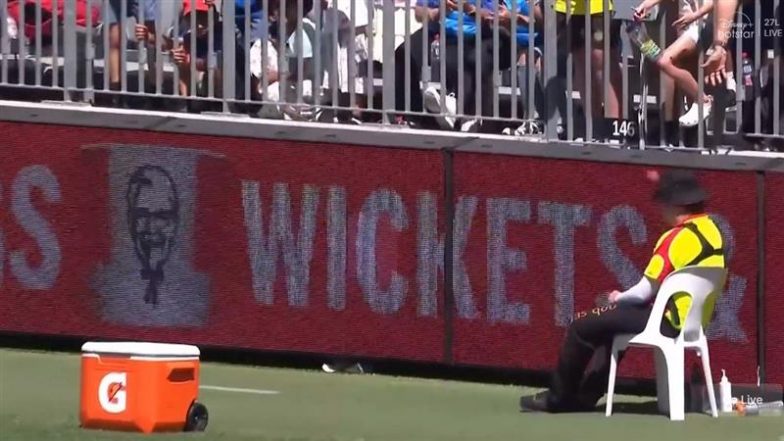 Virat Kohli's Six Off Mitchell Starc Hits Security Personnel Near Boundary Line at Optus Stadium During IND vs AUS 1st Test (Watch Video)