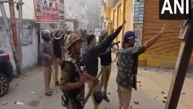 India News | Survey Team at Shahi Jama Masjid in UP's Sambhal Face Stone Pelting; Police Use Tear Gas to Control Situation