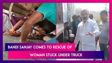 Telangana: Woman Escapes Death After Getting Stuck Under Truck in Huzurabad, Union Minister Bandi Sanjay Leads Successful Rescue Efforts