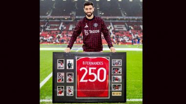 Bruno Fernandes Completes 250 Appearances for Manchester United, Portugal Midfielder Honoured With Special Presentation Ahead of Premier League 2024-25 Match Against Leicester City (See Pics and Video)