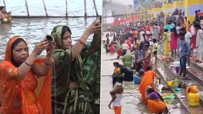 Chhath Puja 2024 Celebration Videos: Devotees Begin 4-Day Festival With Nahay Khay, Offer Prayers and Perform Rituals at Ganga Ghats (Watch)