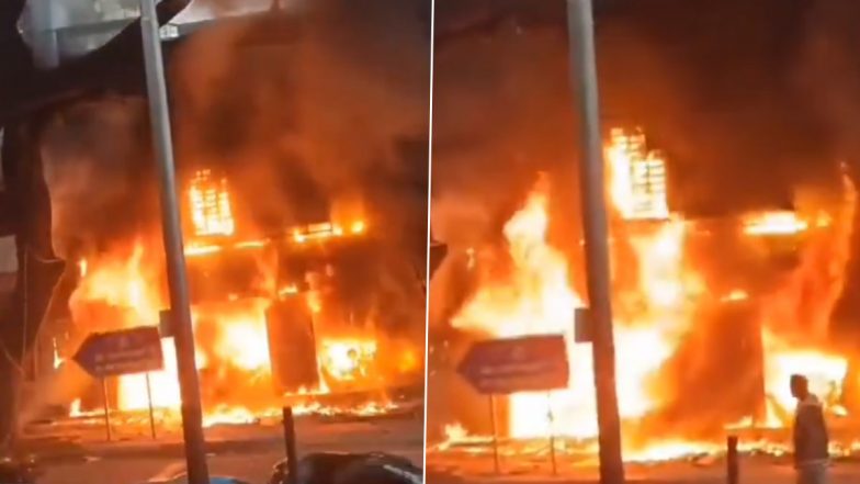 EV Showroom Fire in Bengaluru Video: Several Bikes Gutted, Cashier Dies After Massive Blaze Erupts at EV Showroom in Rajajinagar, Terrifying Clip Shows Store Engulfed in Flames