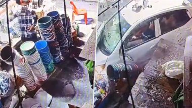 Greater Noida: Man Injured After Speeding Car Loses Control, Rams Into Utensil Shop in Surajpur; Video Surfaces