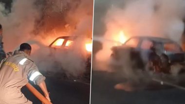 Noida Car Fire: Moving Car Goes Up in Flames in Sector-39, Driver Jumps Out of Vehicle to Save Life (Watch Video)