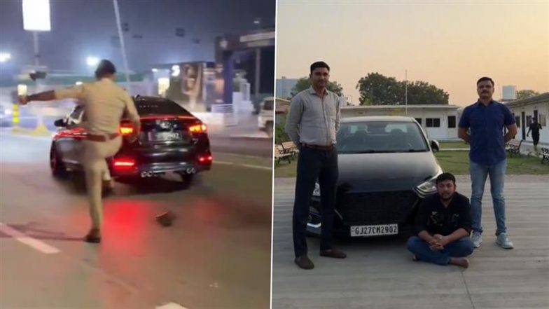 Ahmedabad: Man Drives Car Without Number Plate, Attempts To Run Over Cops To Avoid Checkpoint in Gujarat; Arrested (Watch Video)