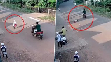 Accident Caught on Camera in Mangaluru: 7-Year-Old Boy Hit by Speeding Motorcycle While Crossing Road in Baliyoor, Sustains Serious Injuries; Disturbing Video Surfaces