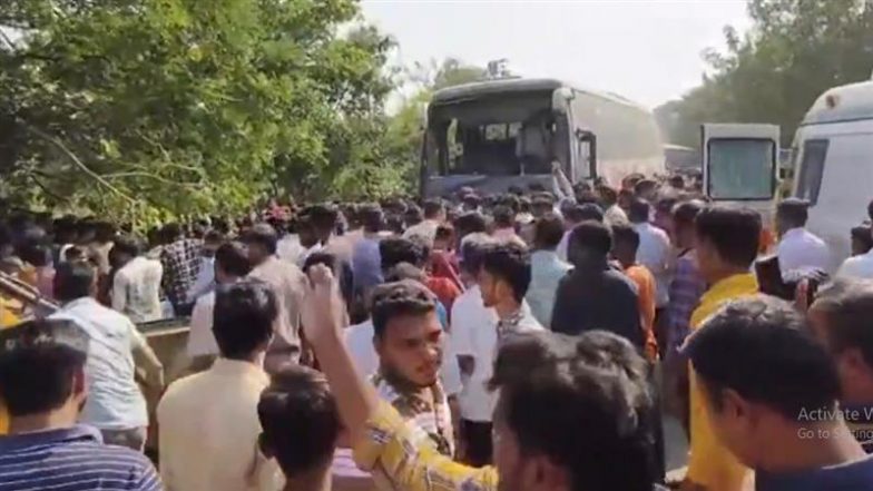 Gondia Road Accident: 10 Dead, Several Others Injured After Bus Overturns in Bid To Avoid Hitting Biker in Maharashtra (Watch Video)