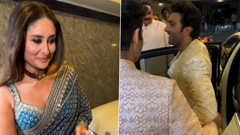 Kareena Kapoor Khan Exudes Elegance in Saree As She Attends Cousin Aadar Jain’s Roka Ceremony With Alekha Advani in Mumbai (Watch Videos)