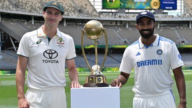 Jasprit Bumrah, Pat Cummins Pose With Border-Gavaskar Trophy at Perth Stadium Ahead of IND vs AUS BGT 2024–25 1st Test (View Pic)