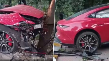 Porsche Car Crash in Hyderabad: 'Drunk' Driver Crashes Porsche Taycan Into Fence of KBR Park in Banjara Hills, Flees Spot After Accident (See Pics and Video)