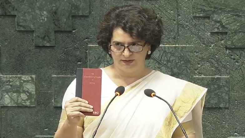 Priyanka Gandhi Swearing-In Ceremony: Congress Leader’s Son Raihan Vadra, Daughter Miraya Vadra Seen in Parliament As She Takes Oath As Wayanad MP in Lok Sabha (Watch Videos)