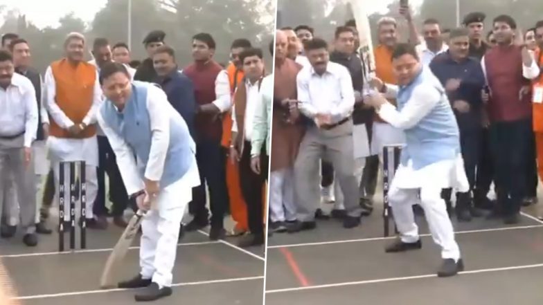 Pushkar Singh Dhami Batting Video: Uttarakhand CM Plays Cricket During Inaugural Program of Panna Lal Bhalla Cricket Stadium in Haridwar, Viral Clip Surfaces