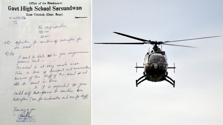 'Sanction Two Helicopters': Principal of Government High School Sersundwan in Jammu and Kashmir's Reasi Requests 2 Helicopters From Education Department, Letter Goes Viral (See Pic)