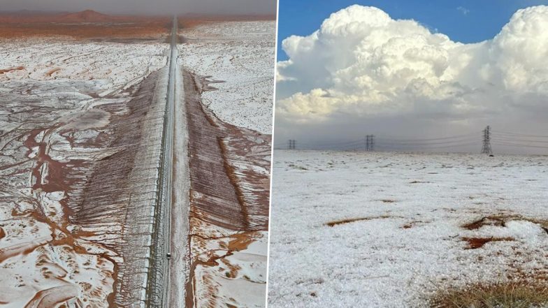 Saudi Arabia Transforms Into Winter Wonderland for the First Time in History, Viral Pictures and Videos Show Desert Blanketed in Snow Amid Rain and Hail Storm