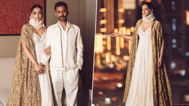 Sonam Kapoor Captivates in White Gown, Lace Jacket and Stunning Rose Collar, Actress Attends Diwali 2024 Bash Along With Husband Anand Ahuja (View Pictures)