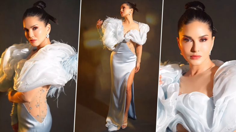 Sunny Leone Looks Gorgeous in Icy Blue Gown With Daring Cut-Outs, Actress Captivates in Glamorous Ensemble (Watch Video)