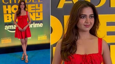 Tejasswi Prakash in Red Mini Dress: TV Actress Slays at ‘Citadel-Honey Bunny’ Special Screening (Watch Video)