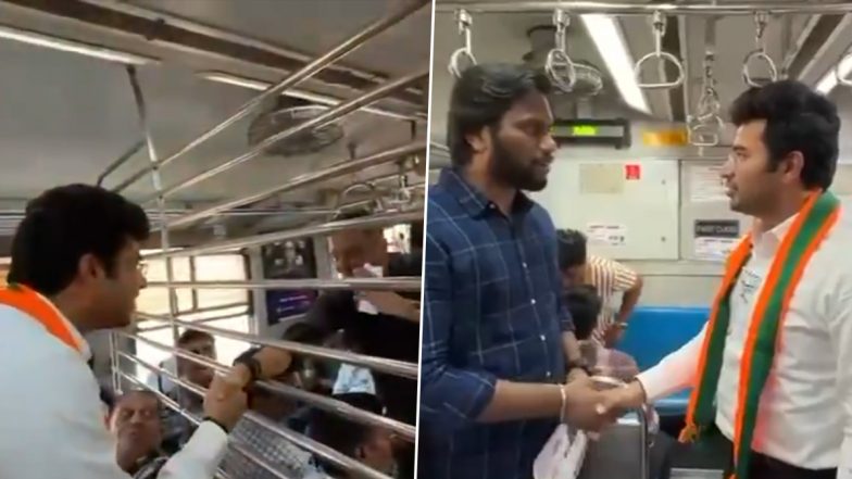 Tejasvi Surya Interacts With People While Campaigning for Maharashtra Assembly Elections 2024 Onboard Local Train in Mumbai (Watch Video)