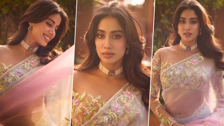 Janhvi Kapoor Dazzles in Floral Mesh Saree, Calls Her Look ‘Cassata’ Ice Cream – See the Pics!