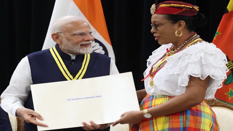 PM Narendra Modi Receives Dominica Award of Honour, Dominica's Highest National Award, in Recognition of His Contributions During COVID-19 Pandemic (Watch Video)