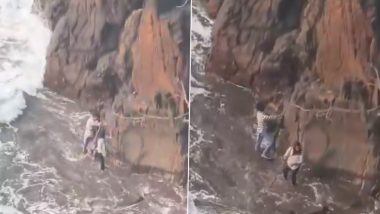 Ratnagiri: Stranded Couple Rescued from Dangerous Ajastra Waves at Maharashtra's Beach by Fishermen, Terrifying Video Surfaces