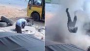 Udupi Horror: Man Flung Into Air After School Bus Tyre Bursts During Repair in Karnataka, Disturbing Video Surfaces