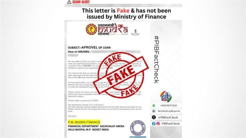 Did You Receive a Letter Granting a Loan of INR 5,00,000 Under PM Mudra Yojana on Payment of INR 2,100? PIB Fact Check Says It Is Fake