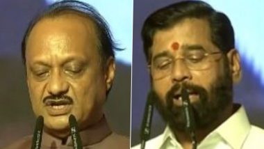 Eknath Shinde, Ajit Pawar Take Oath As Maharashtra Deputy CMs at Mumbai’s Azad Maidan in New Mahayuti Government (Watch Videos)