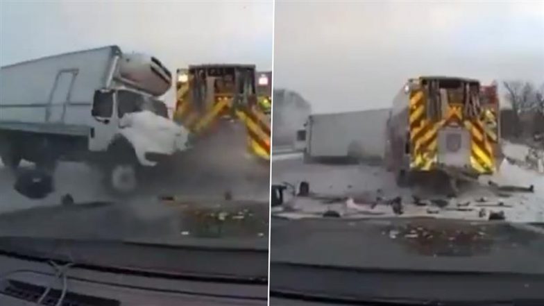 US Road Accident: Truck Skids on Frozen Road, Overturns After Hitting Emergency Vehicle on Michigan’s I-94, Video Surfaces