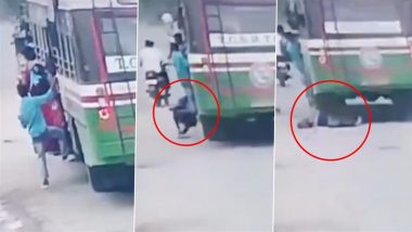 Telangana Road Accident: 2 Girl Students Injured After Falling From Moving TGSRTC Bus in Medak District, 1 Comes Under Wheel; Disturbing Video Surfaces