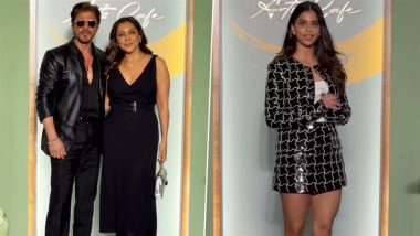 Shah Rukh Khan and Gauri Khan Twin in Black Outfit for NMACC Arts Cafe Preview Night in Mumbai; Daughter Suhana Khan Stuns in Blingy Attire (Watch Videos)