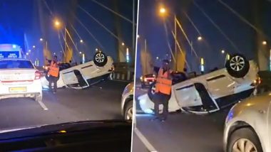 Mumbai Road Accident: Driver Sustains Injuries After Speeding Car Overturns on Bandra-Worli Sea Link, Traffic Impacted in Area (Watch Video)