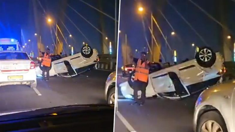 Mumbai Road Accident: Driver Sustains Injuries After Speeding Car Overturns on Bandra-Worli Sea Link, Traffic Impacted in Area (Watch Video)
