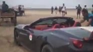 Ferrari Stuck in Sand at Revdanda Beach: Luxury Sportscar Gets Stuck in Sand Near Maharashtra’s Alibaug, Saved by Bullock Cart (Watch Video)