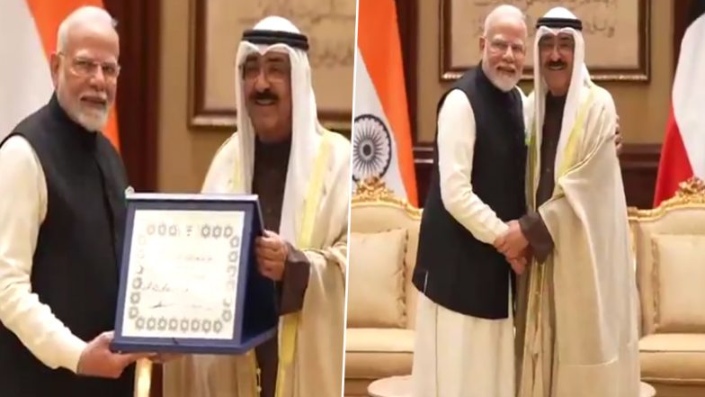 PM Narendra Modi Honoured with Kuwait's Highest Civilian Award, 'The Order of Mubarak the Great' by Amir Sheikh Meshal Al-Ahmad Al-Jaber Al-Sabah (Watch Video)